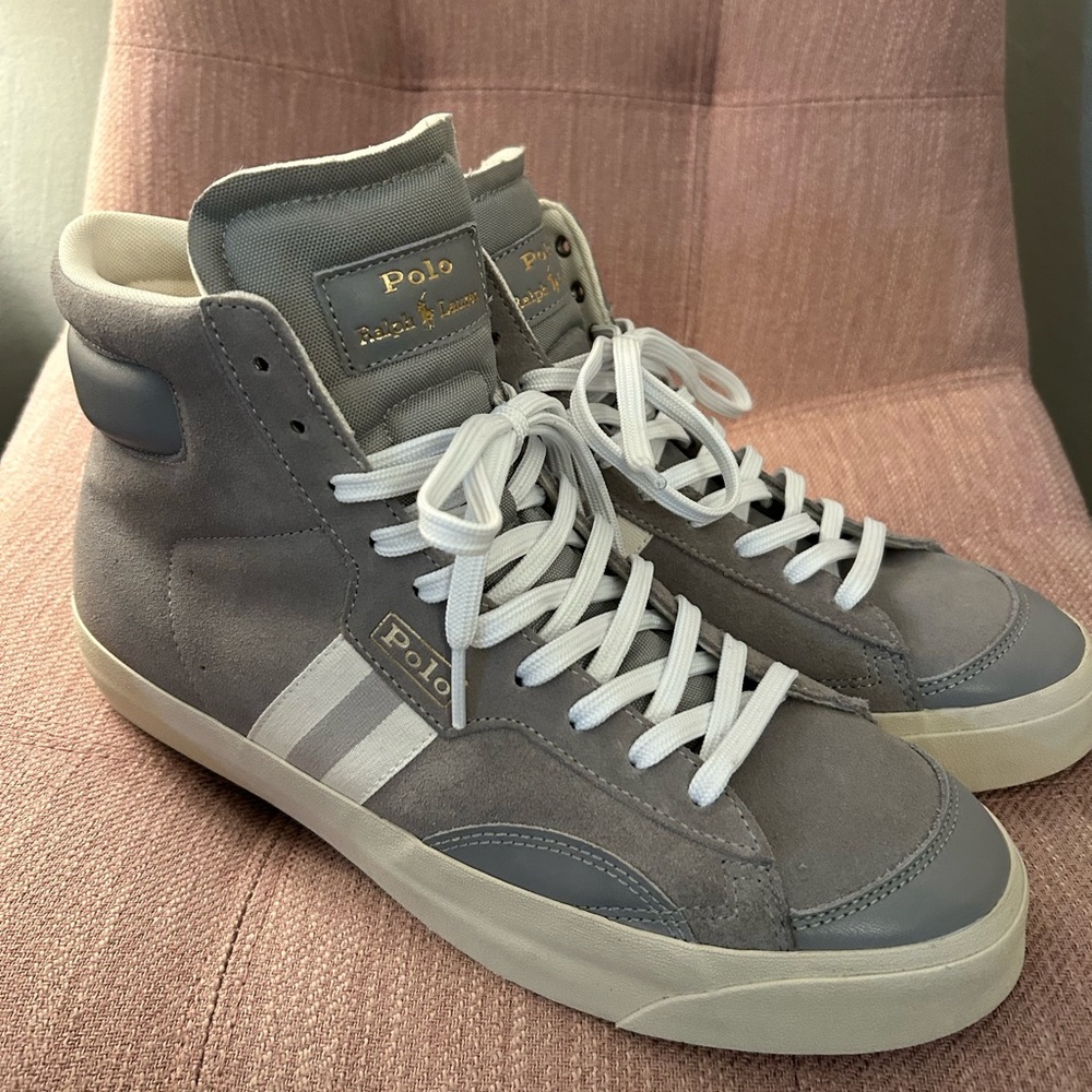 Polo Ralph Lauren Gervin Mid suede upper sneaker shoes white gray NWOB size 11